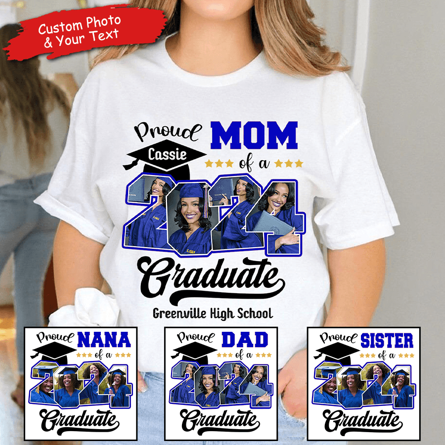 Custom Photo Proud Family Of A Class Of 2024 Graduate Senior - Personalized Custom Graduation T Shirt - Loving Gift for Grandma, Grandpa, Mom, Dad, Brother, Sister, Aunt, Uncle | Blue - Suzitee Store