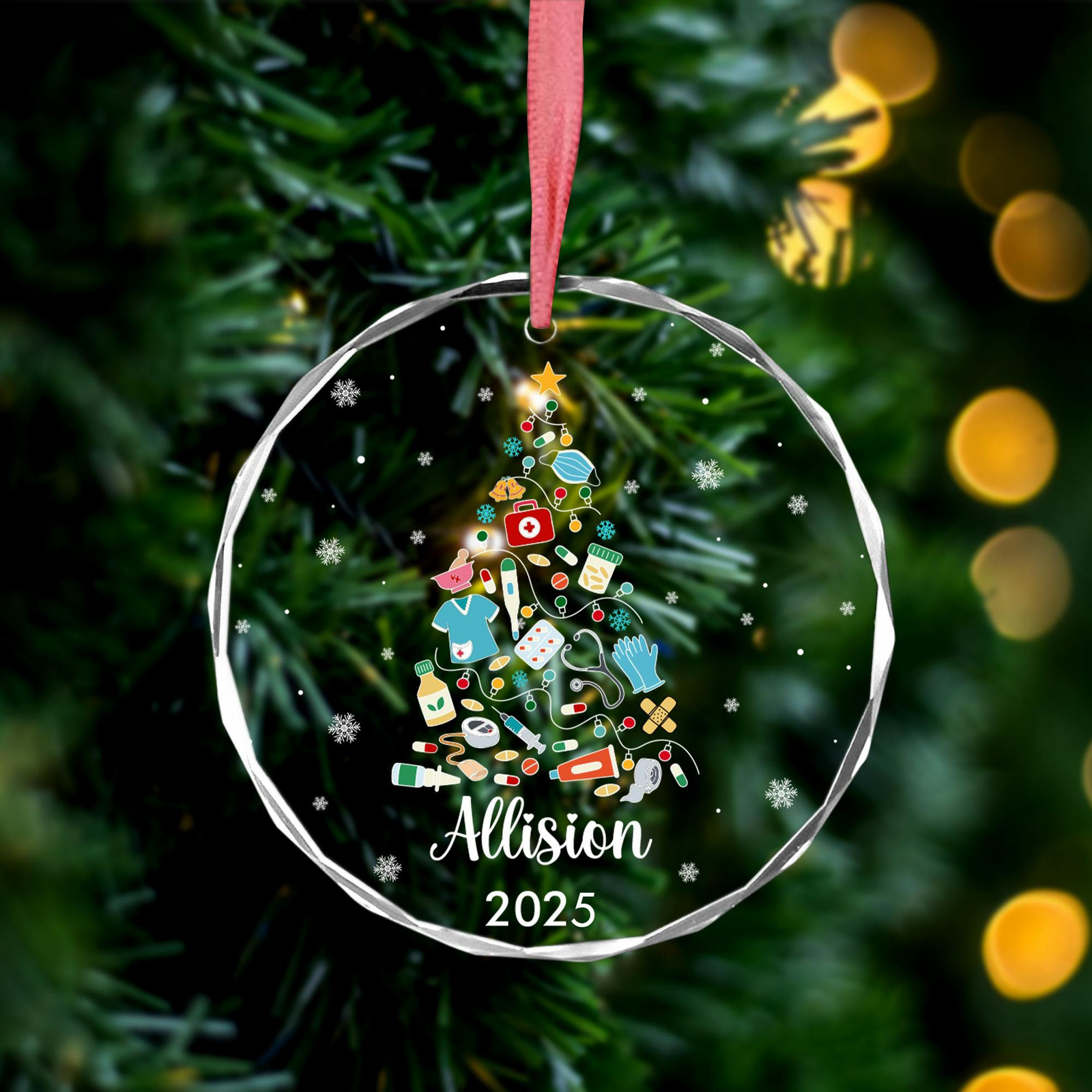 Nurse Christmas Tree Ornament - Personalized Circle Glass Ornament - Christmas Gift For Nurse, CNA, Registered RN, Healthcare Worker