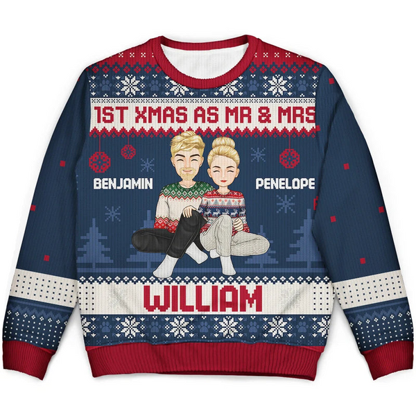 1st Xmas As Mr & Mrs Cartoon Couple - Personalized Custom Ugly Sweater - Gift For Couple, Husband, Wife