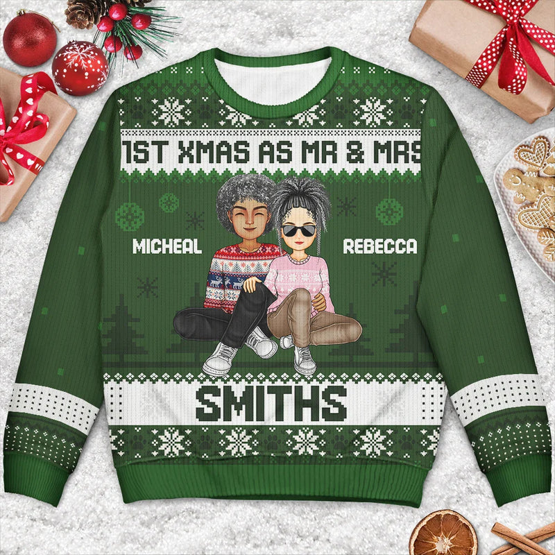 1st Xmas As Mr & Mrs Cartoon Couple - Personalized Custom Ugly Sweater - Gift For Couple, Husband, Wife