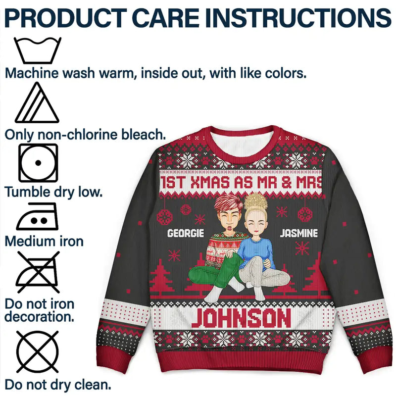1st Xmas As Mr & Mrs Cartoon Couple - Personalized Custom Ugly Sweater - Gift For Couple, Husband, Wife