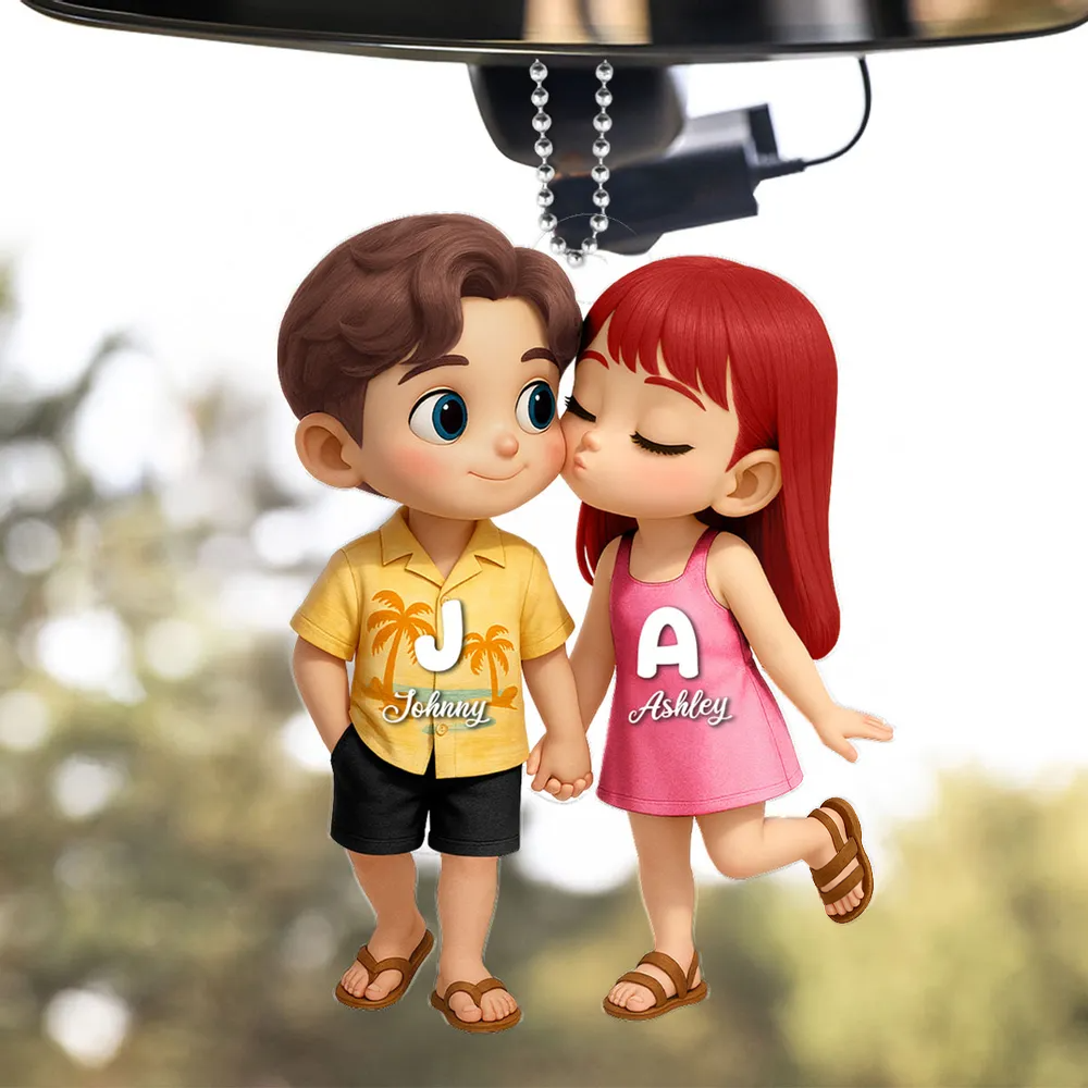 Cute Cartoon Couple Summer Vibe - Personalized Acrylic Car Hanger - Gift For Couple, Anniversary, Valentine, Engagement