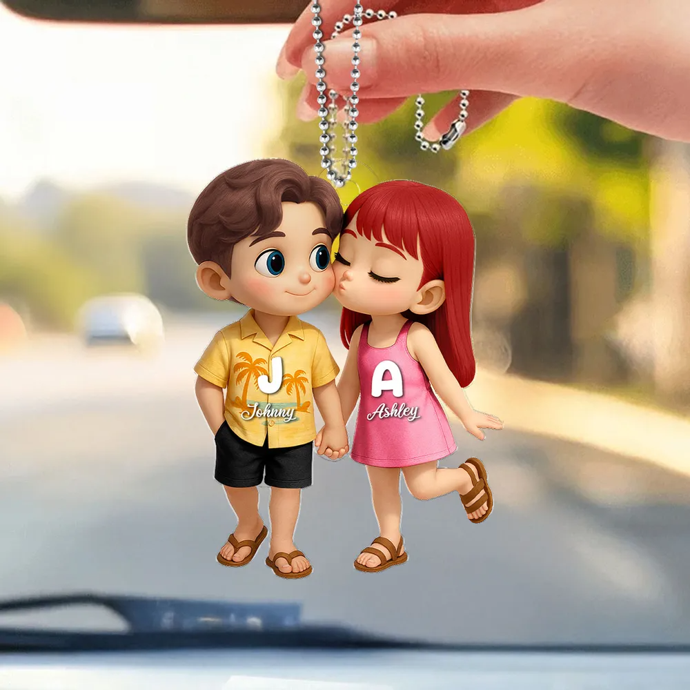 Cute Cartoon Couple Summer Vibe - Personalized Acrylic Car Hanger - Gift For Couple, Anniversary, Valentine, Engagement