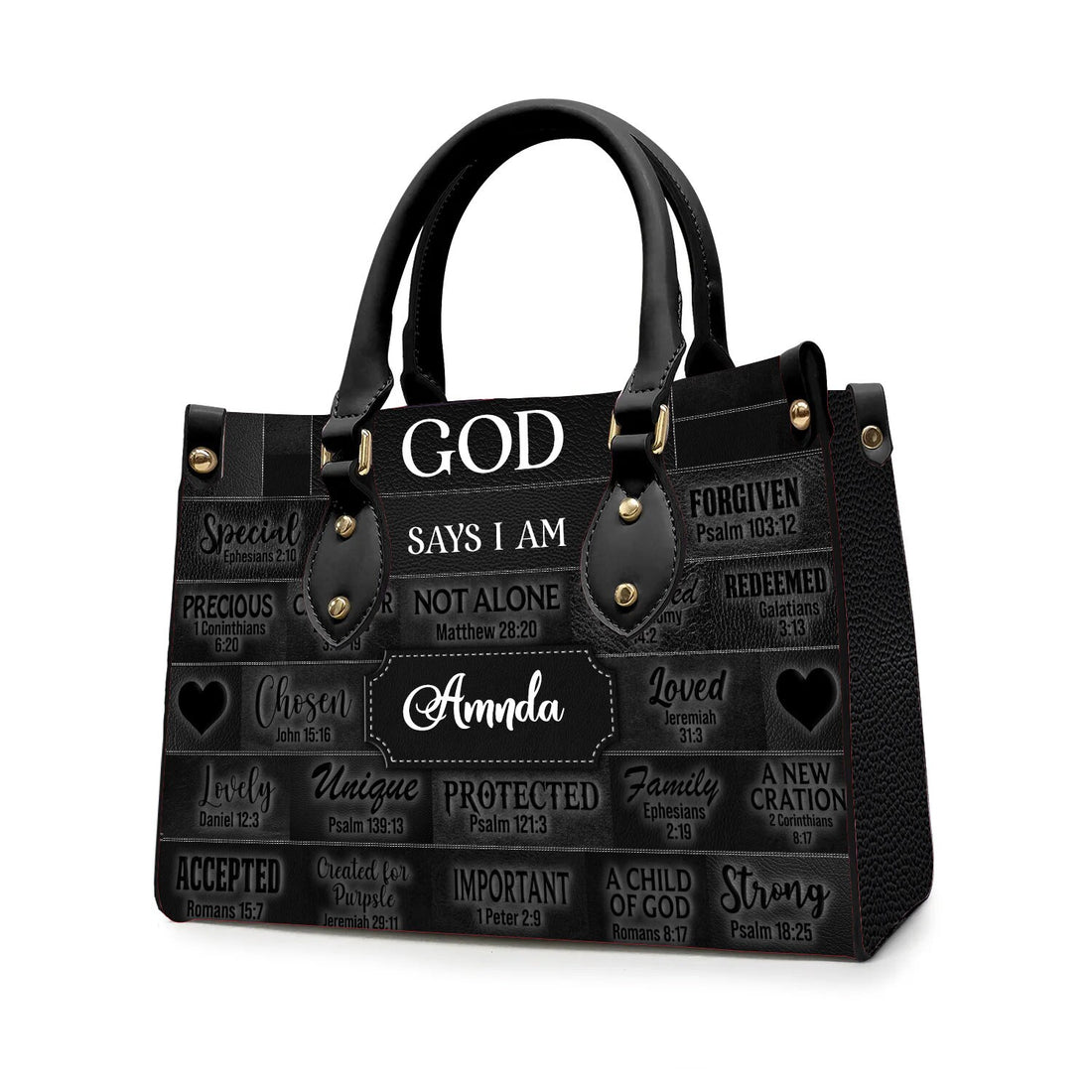 Personalized Christianartbag God Says I Am Black leather handbag, front view