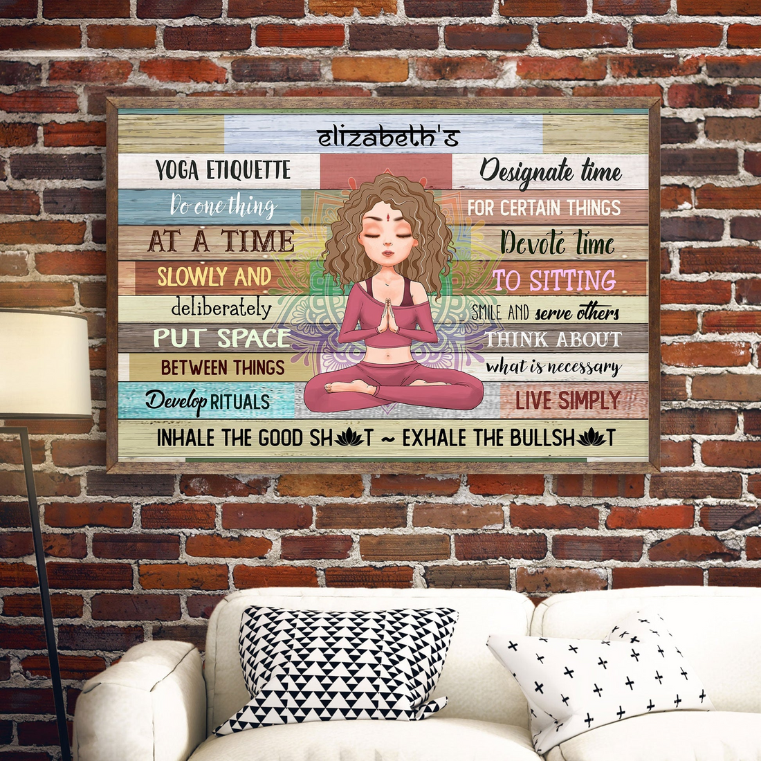 Personalized Yoga Etiquette poster, framed in a bright living room
