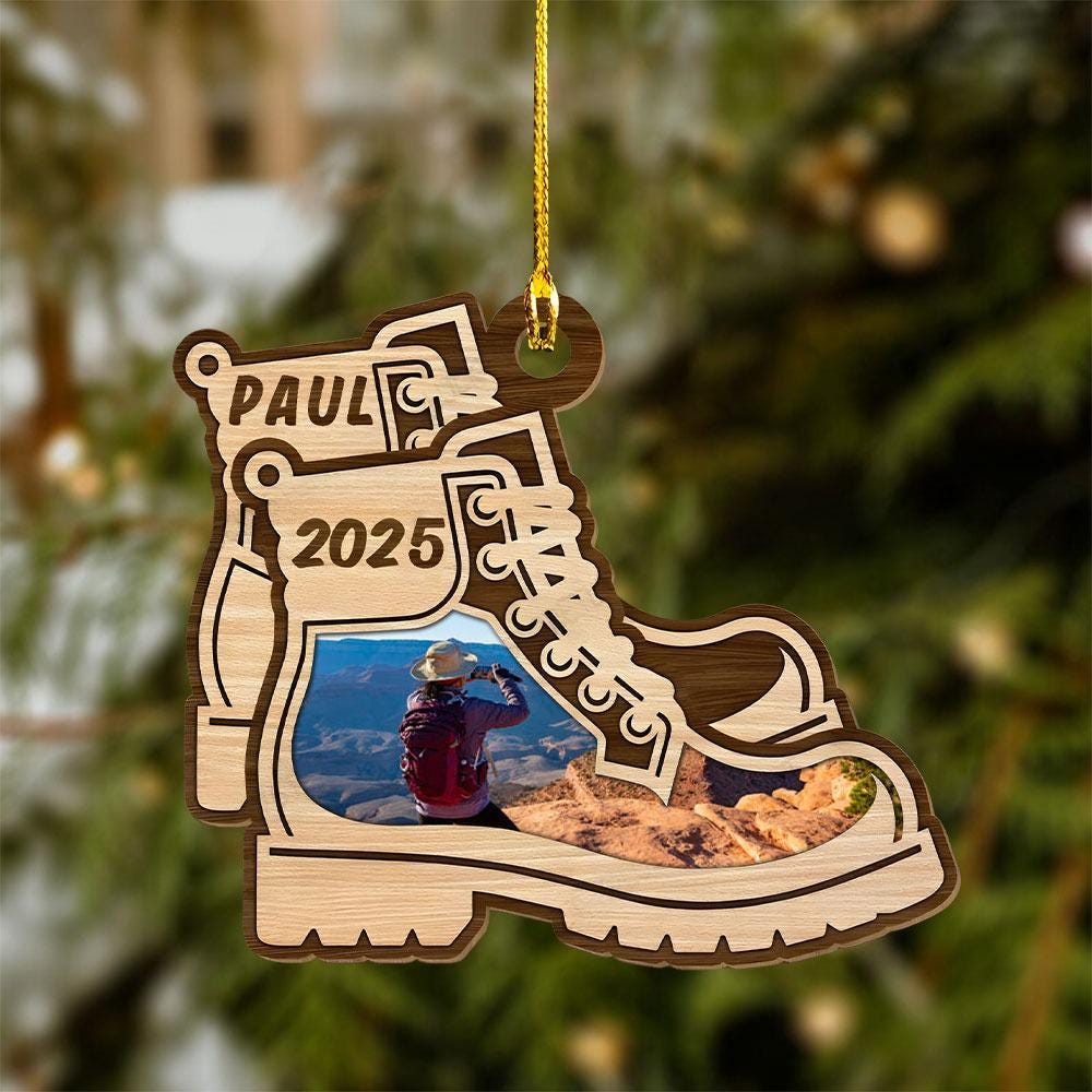 Custom Photo Hiking Boots Christmas - Personalized Wood Ornament - Christmas Gift for Men Women, Hiking Lovers, Hiker Christmas Gift, Travel Gift