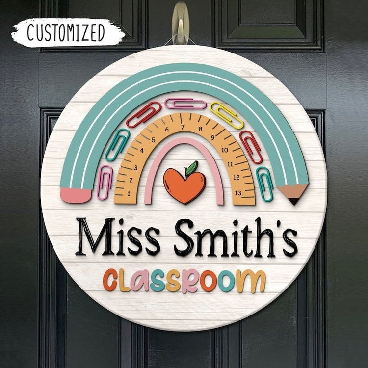 Personalized Rainbow Teacher Door Sign round wood sign, alternate view 2