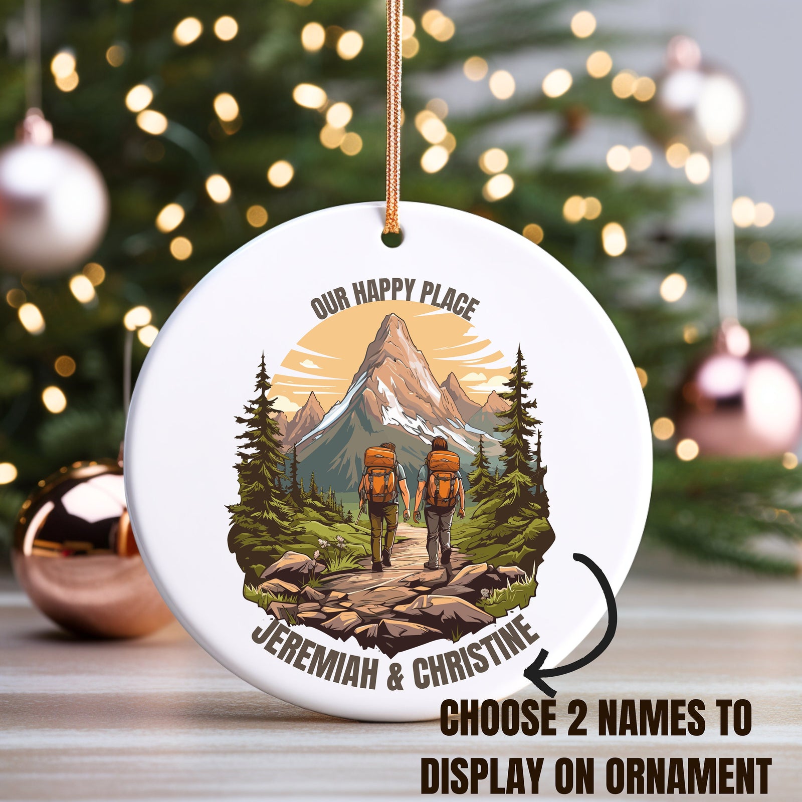 Our Happy Place Hiking - Personalized Circle Ceramic Ornament - Christmas Gift For Hiker, Hiking Lovers