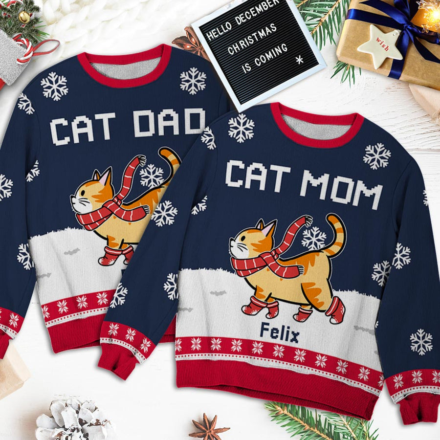 Cat Dad/Mom Winter - Custom Ugly Sweater - Personalized Christmas Gifts For Cat Owners & Lovers, Cat Mum, Cat Brother, Cat Sister | Sweatshirt
