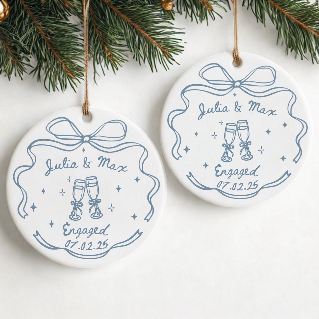 Personalized Engagement Couple circle ceramic ornament, alternate view 2