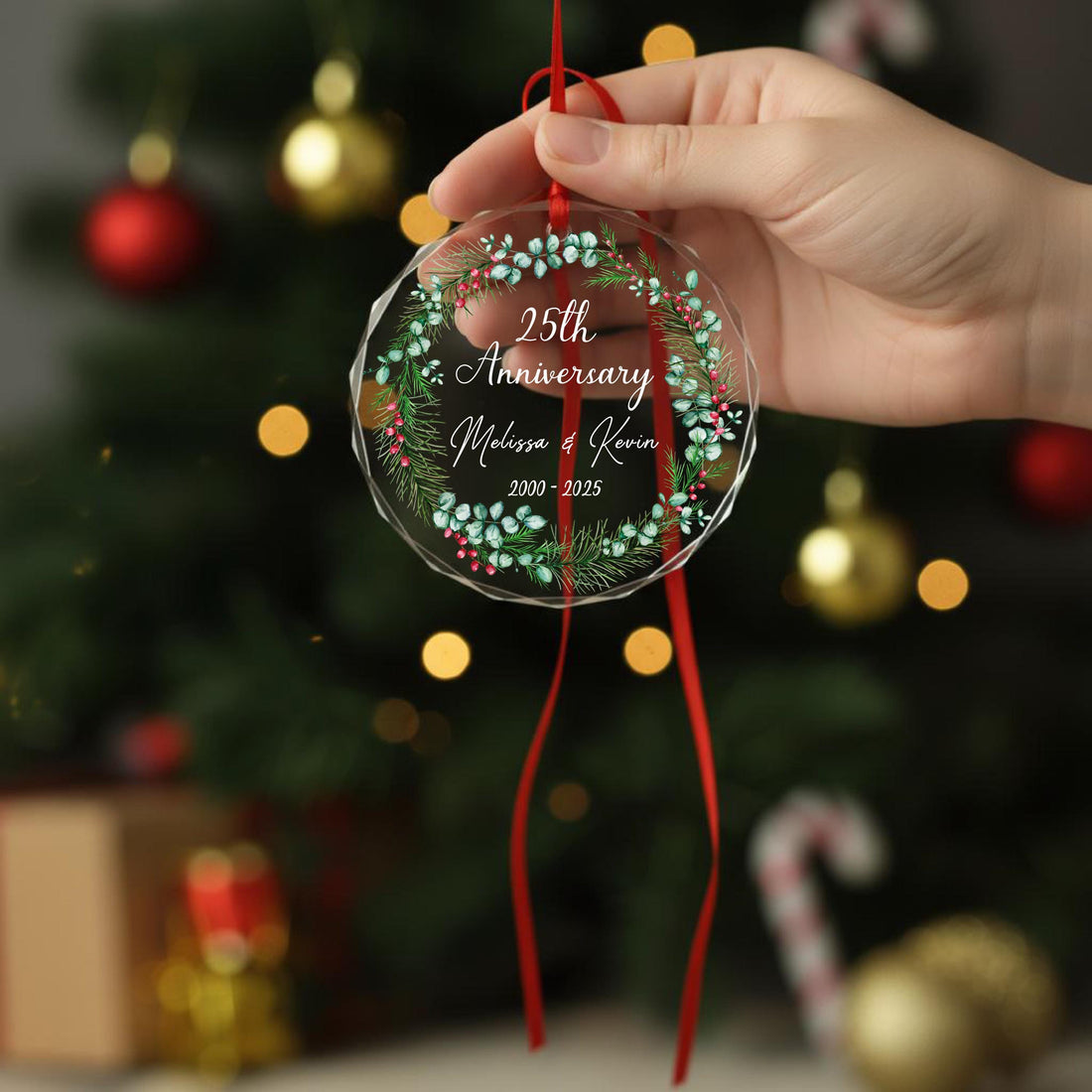 Couple Anniversary Ornament personalized circle glass ornament, alternate view 4