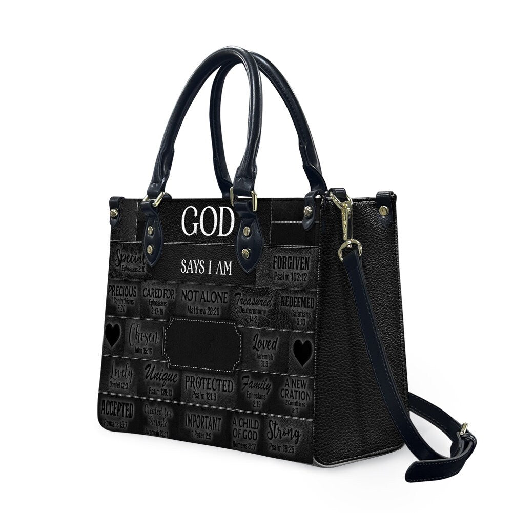 Personalized Christianartbag God Says I Am Black leather handbag, interior pockets and removable strap details