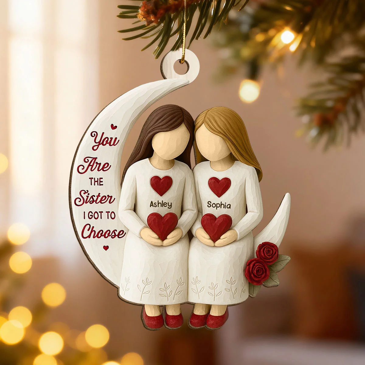 3D Effect Roses Besties On Moon - Personalized Wood Ornament - Christmas Gift For Her, Besties, Friends, Sisters