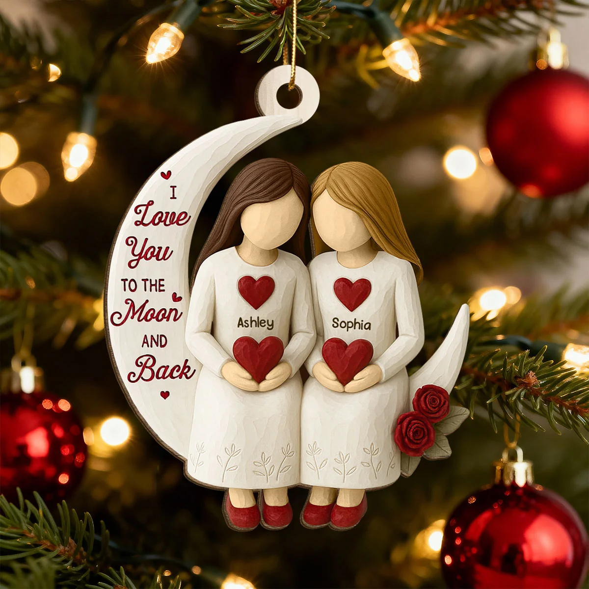 3D Effect Roses Besties On Moon - Personalized Wood Ornament - Christmas Gift For Her, Besties, Friends, Sisters