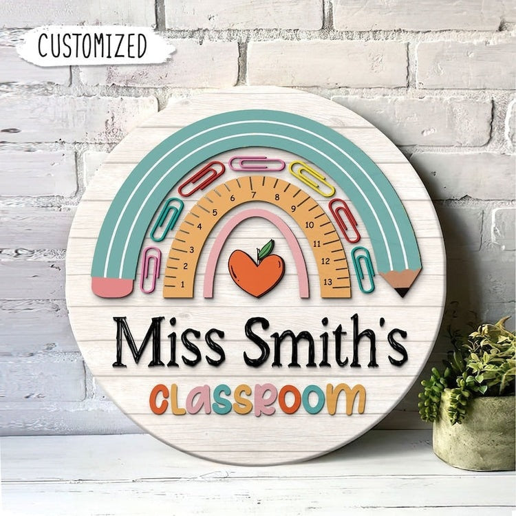 Personalized Rainbow Teacher Door Sign round wood sign, alternate view 3