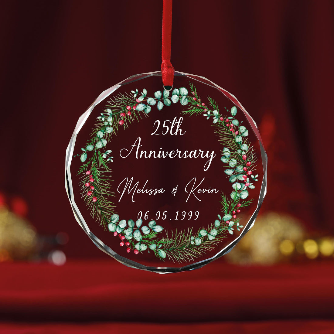 Couple Anniversary Ornament personalized circle glass ornament, alternate view 2