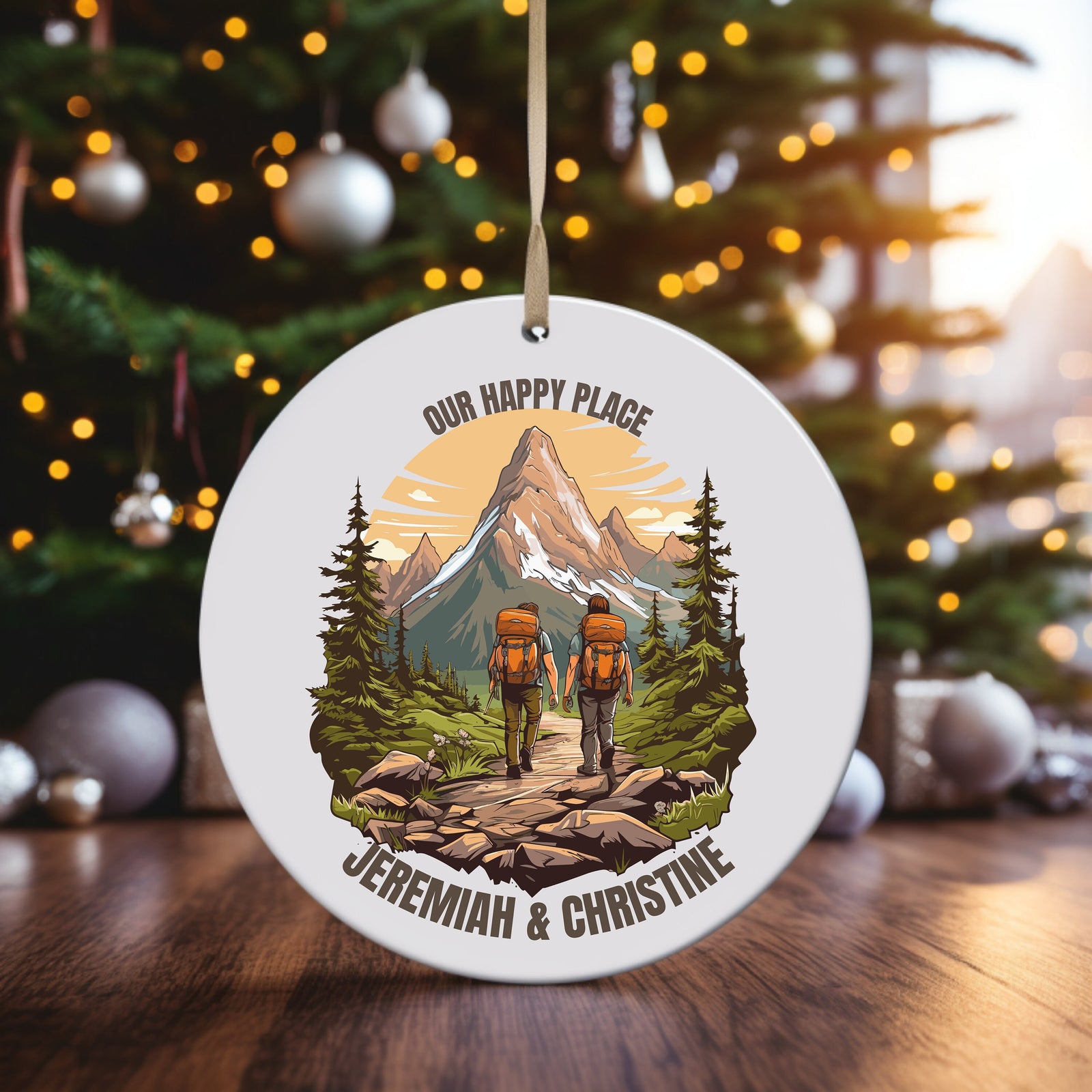 Our Happy Place Hiking - Personalized Circle Ceramic Ornament - Christmas Gift For Hiker, Hiking Lovers