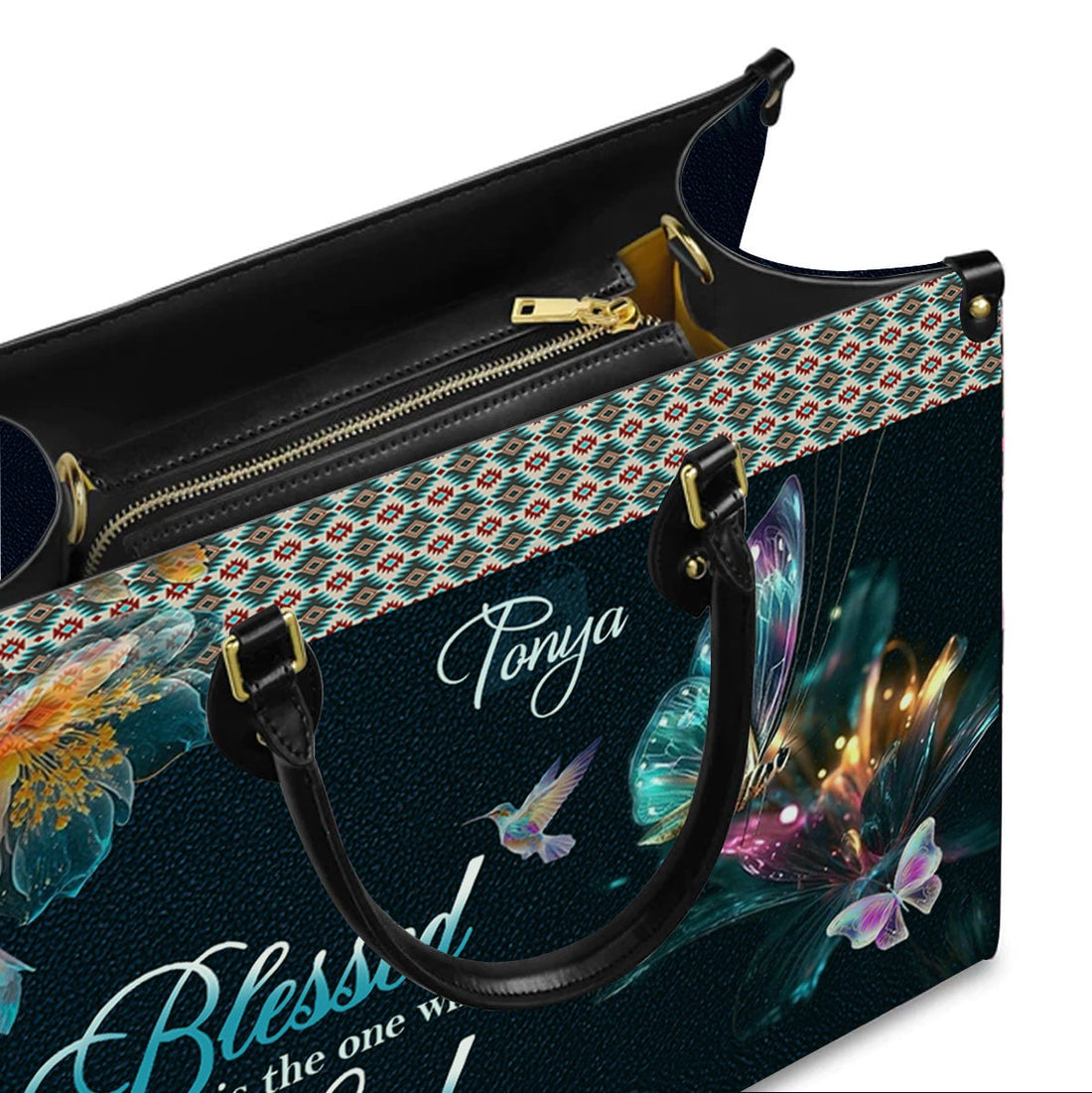 Personalized Blessed Is The One Who Trusts In The Lord handbag, interior pockets and removable strap details