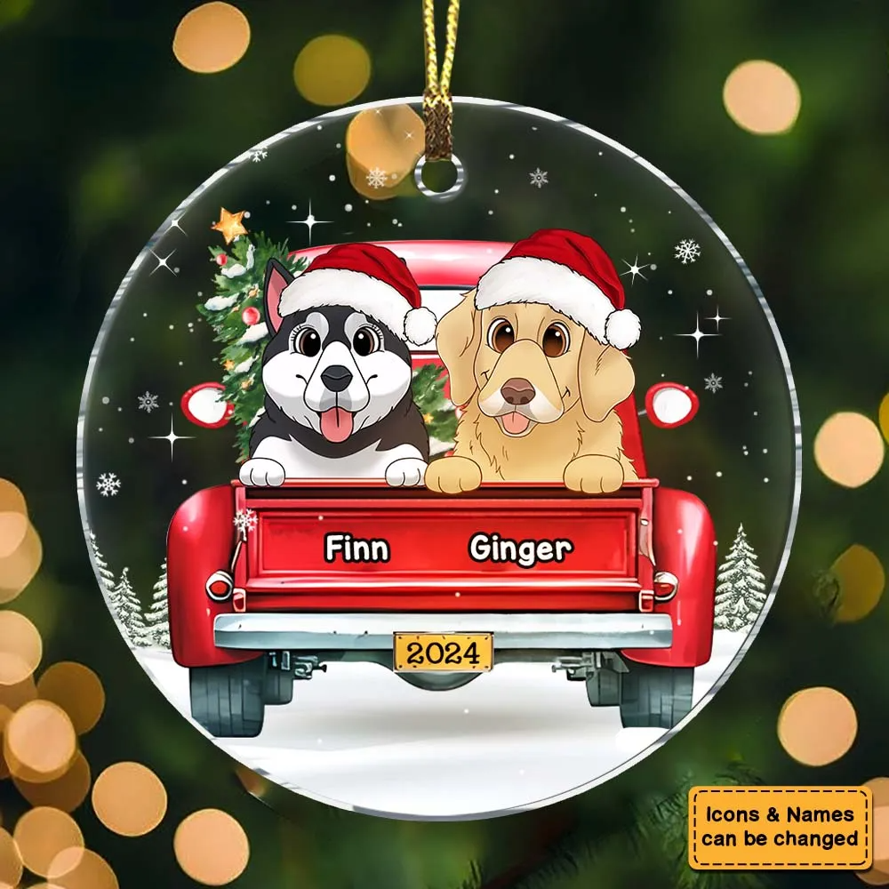 Personalized Dog Lovers Red Truck On The Snow circle acrylic ornament, alternate view 4