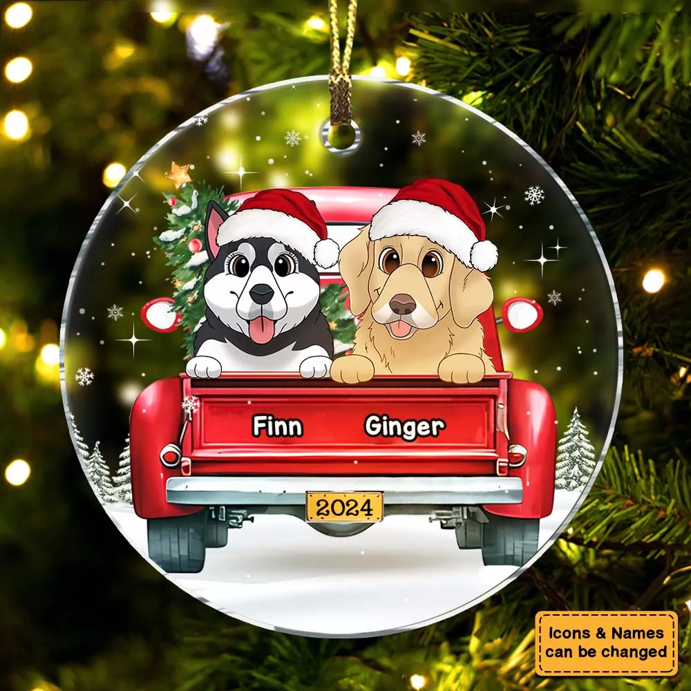 Personalized Dog Lovers Red Truck On The Snow circle acrylic ornament, alternate view 5