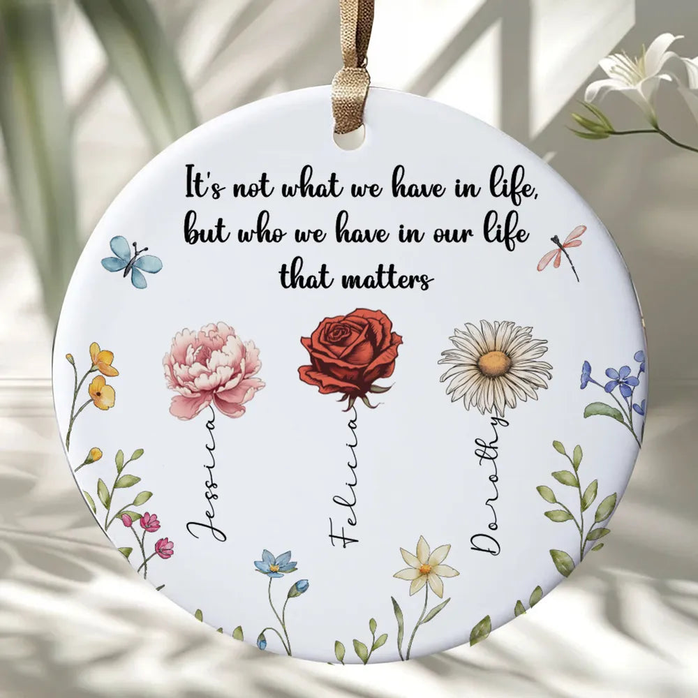 Personalized Sisters Are Different Flowers From The Same Garden circle ceramic ornament, alternate view 4