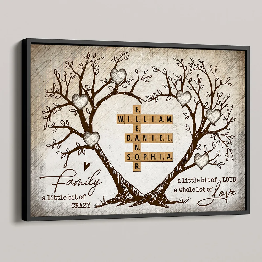 Family Heart Tree Crossword Puzzle - Personalized Horizontal Canvas Prints - Gift For Family Members, Mom and Dad 2