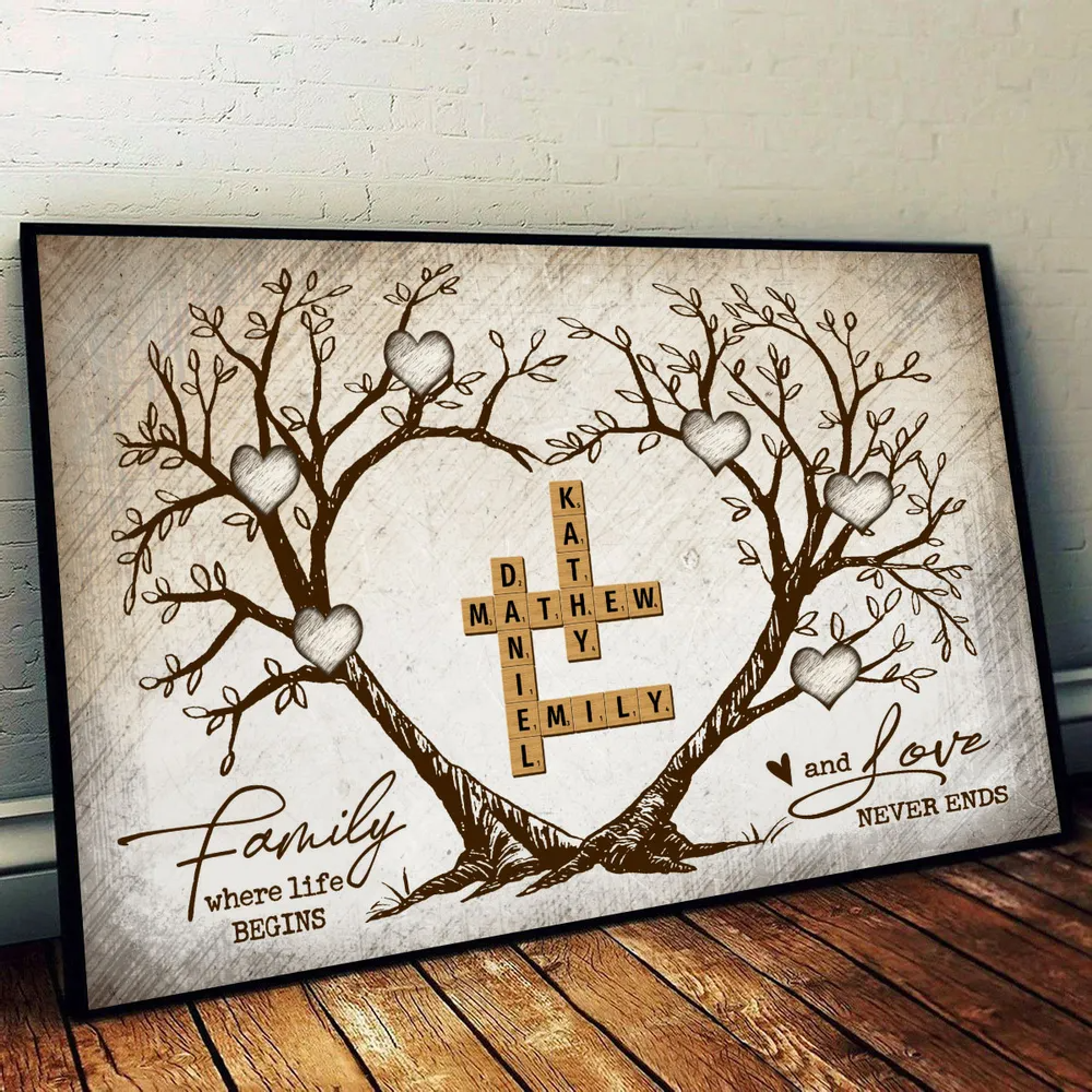 Family Heart Tree Crossword Puzzle - Personalized Horizontal Canvas Prints - Gift For Family Members, Mom and Dad 1