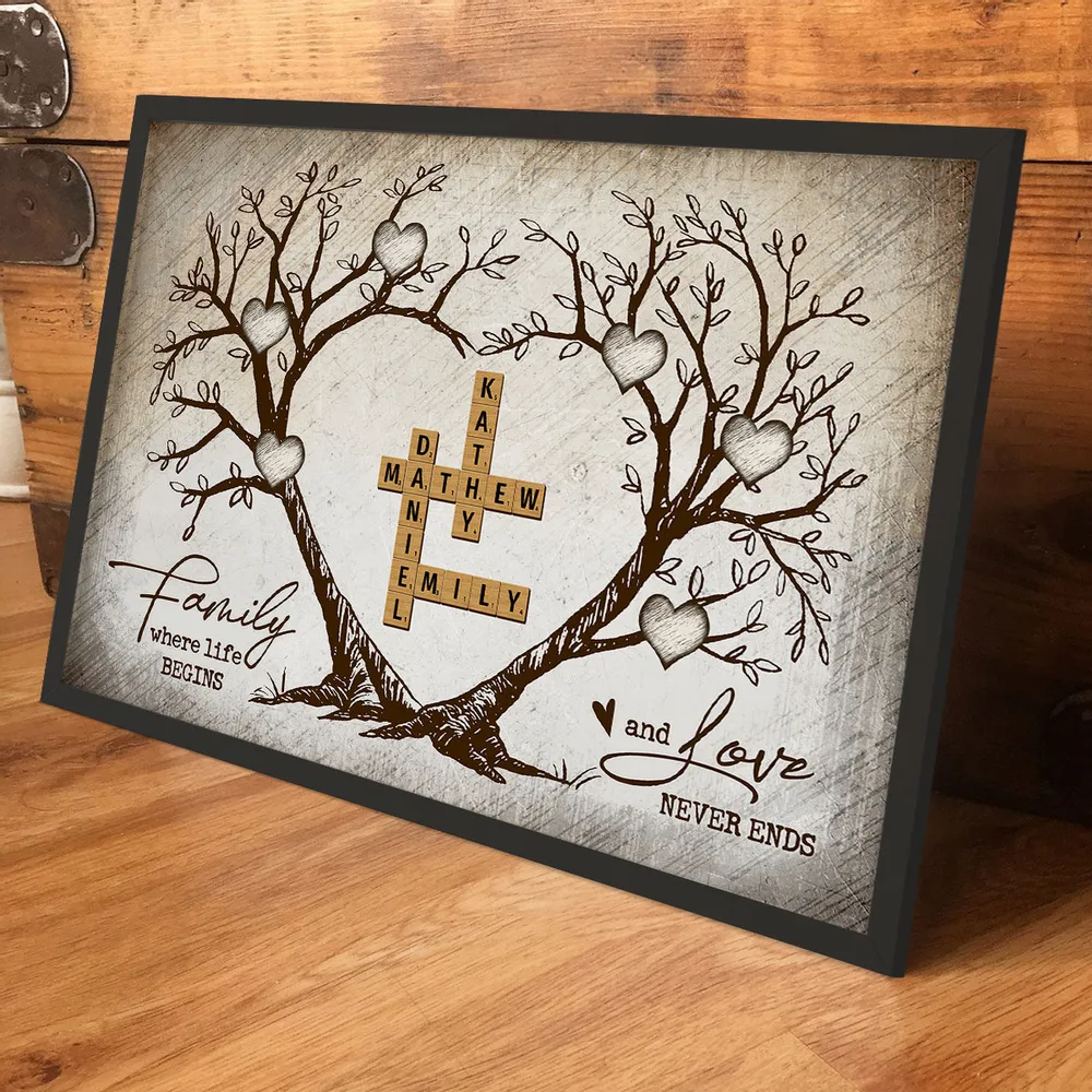 Family Heart Tree Crossword Puzzle - Personalized Horizontal Poster - Gift For Family Members, Mom and Dad