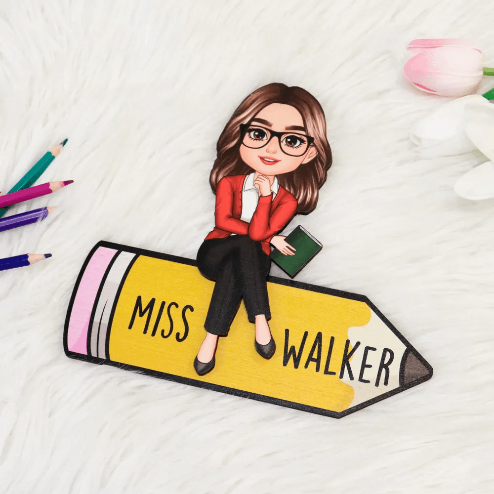 Doll Teacher Sitting On Pencil Personalized Two-Layer Wooden personalized wooden plaque, alternate view 5