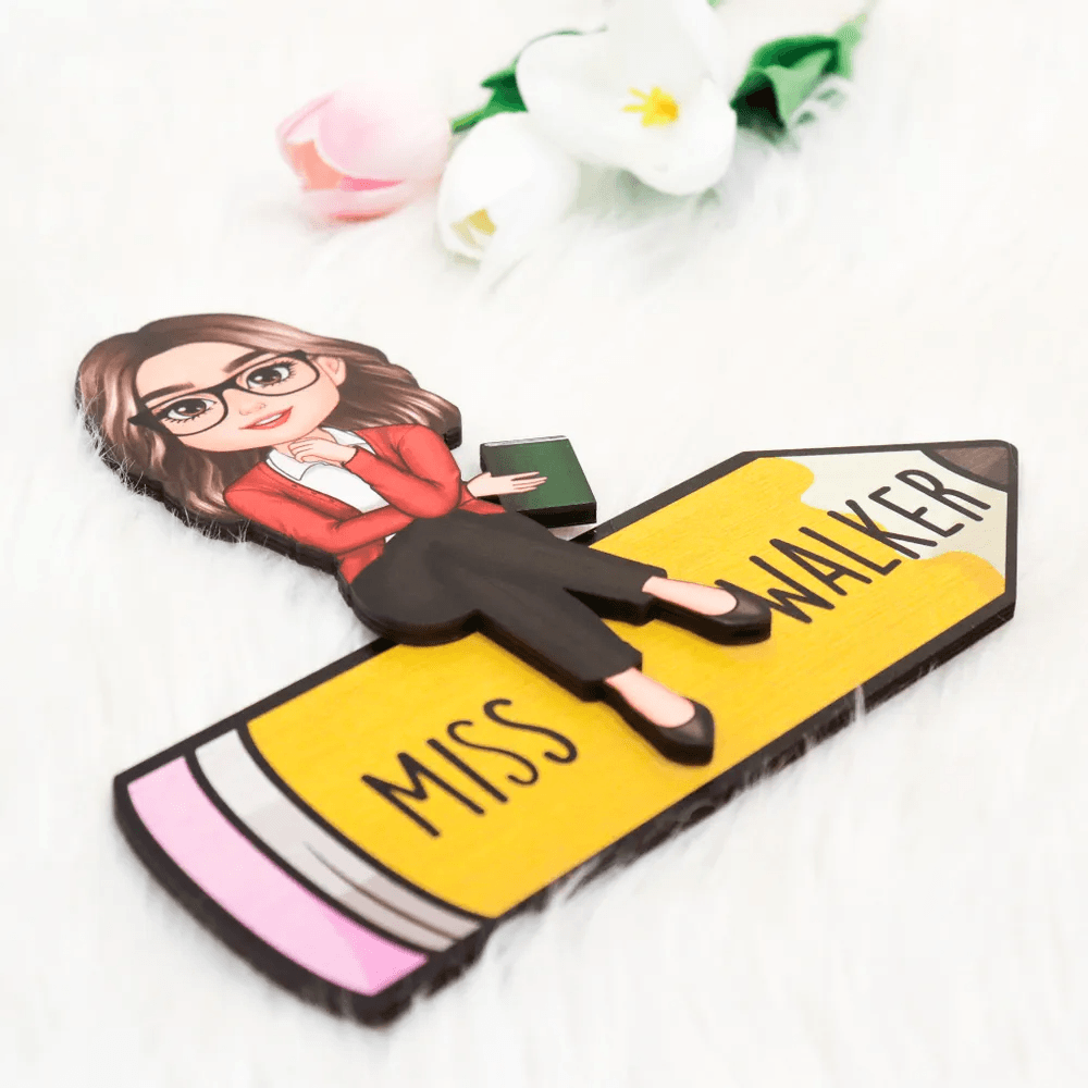 Doll Teacher Sitting On Pencil Personalized Two-Layer Wooden personalized wooden plaque, alternate view 4