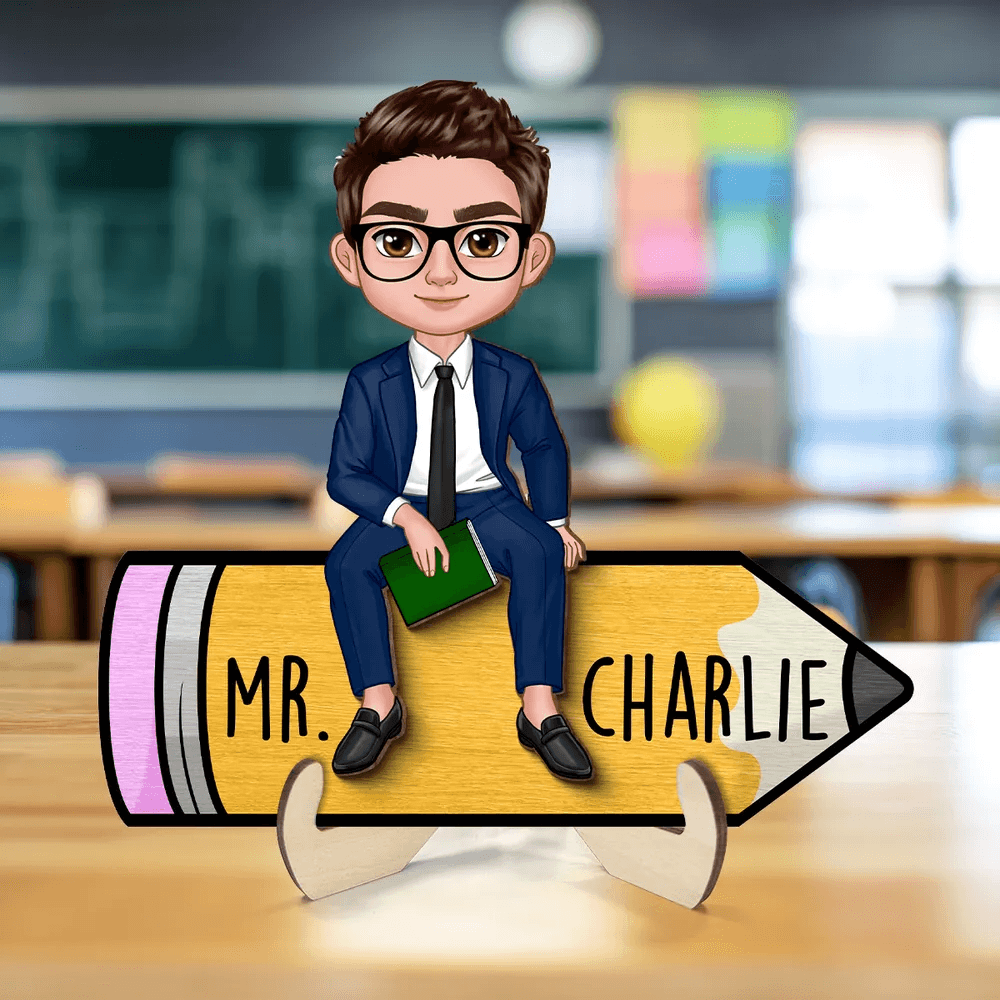 Doll Teacher Sitting On Pencil Personalized Two-Layer Wooden personalized wooden plaque, alternate view 2