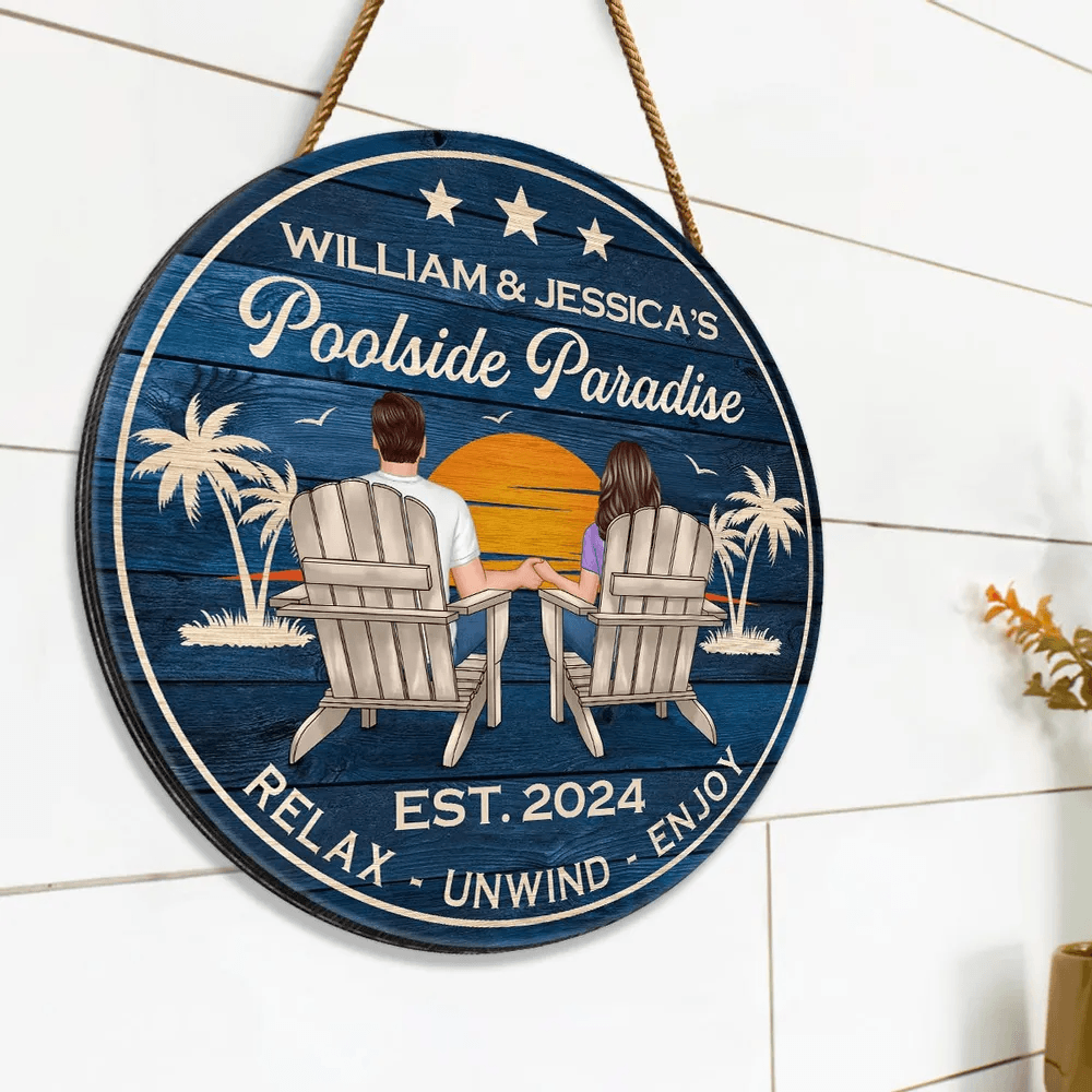 Poolside Paradise Couple Sitting personalized round wood sign, alternate view 2