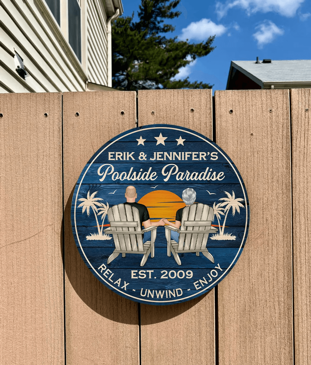 Poolside Paradise Couple Sitting personalized round wood sign, alternate view 3