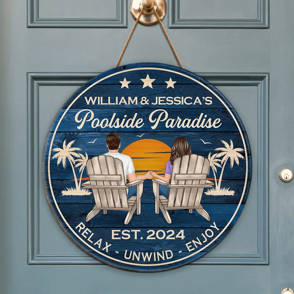 Poolside Paradise Couple Sitting personalized round wood sign, alternate view 4