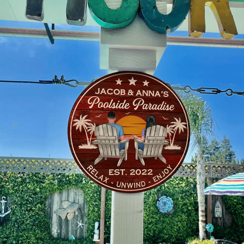 Poolside Paradise Couple Sitting personalized round wood sign, alternate view 5
