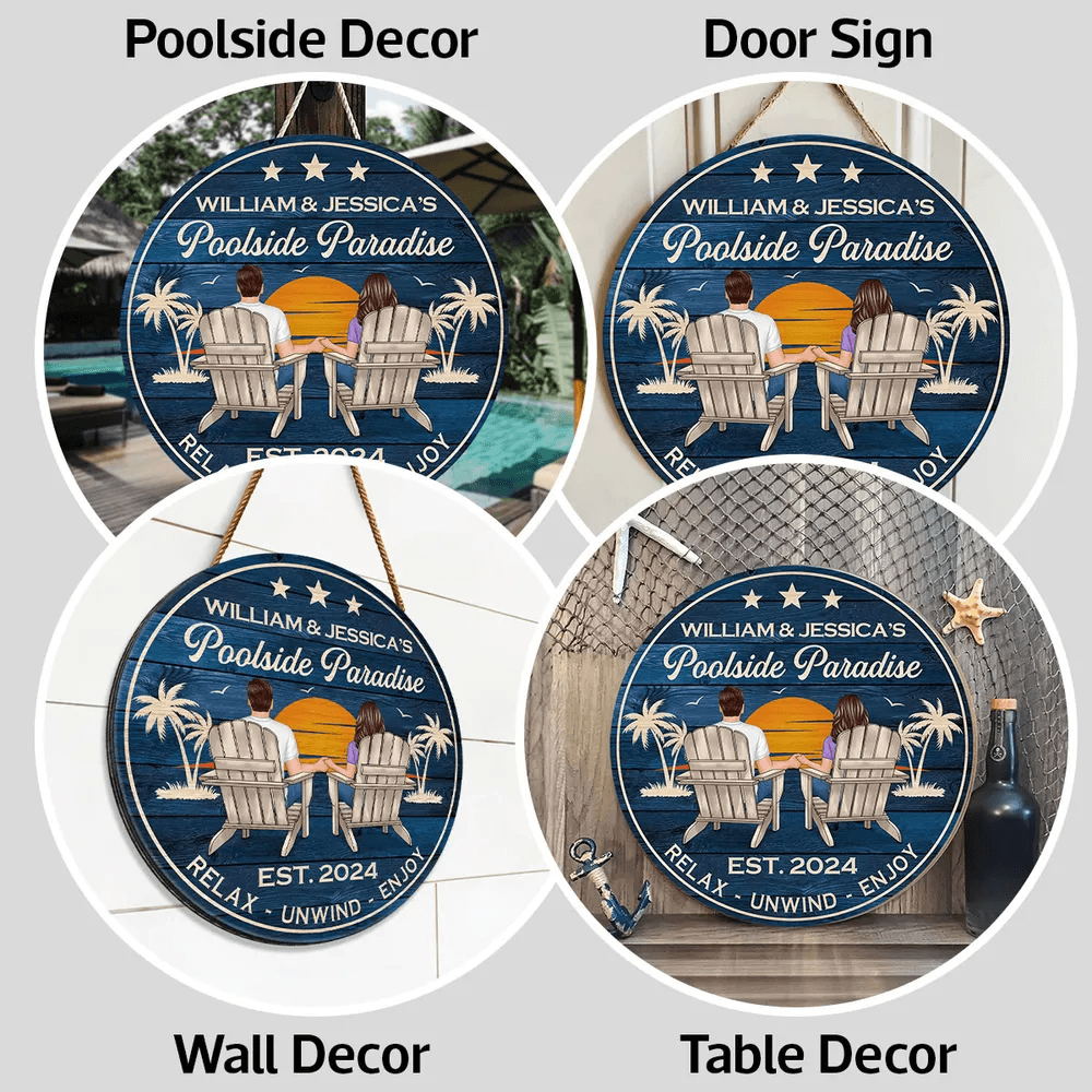 Poolside Paradise Couple Sitting personalized round wood sign, alternate view 6