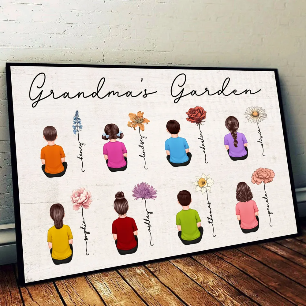 Birth Month Flowers Garden With Grandkids Names - Personalized Family Gift For Grandma, Grandpa, Grandparent | Canvas Prints