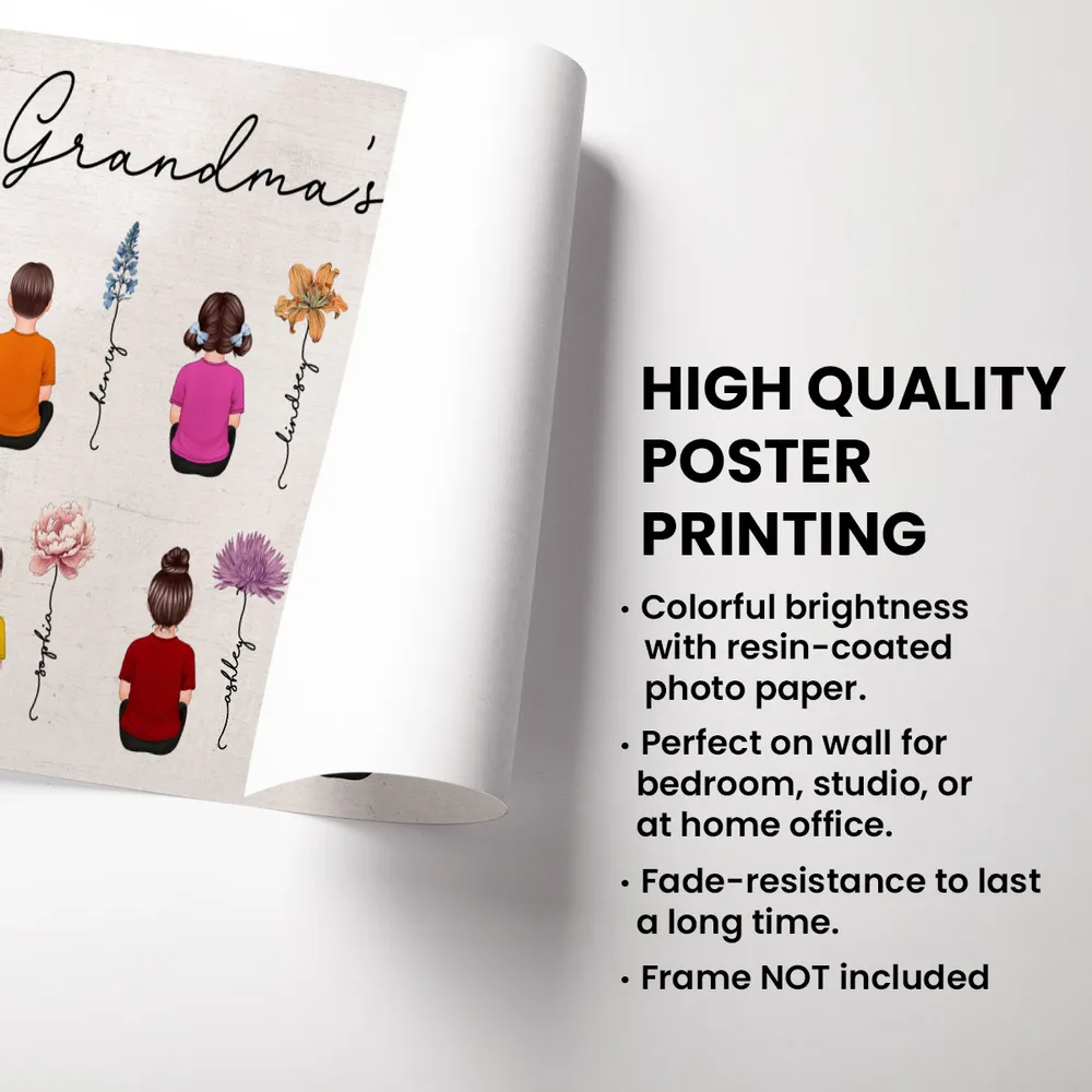 Birth Month Flowers Garden With Grandkids Names - Personalized Family Gift For Grandma, Grandpa, Grandparent | Poster