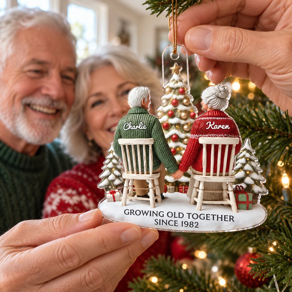 Older couple hanging personalized Growing Old Together custom shaped acrylic ornament on Christmas tree