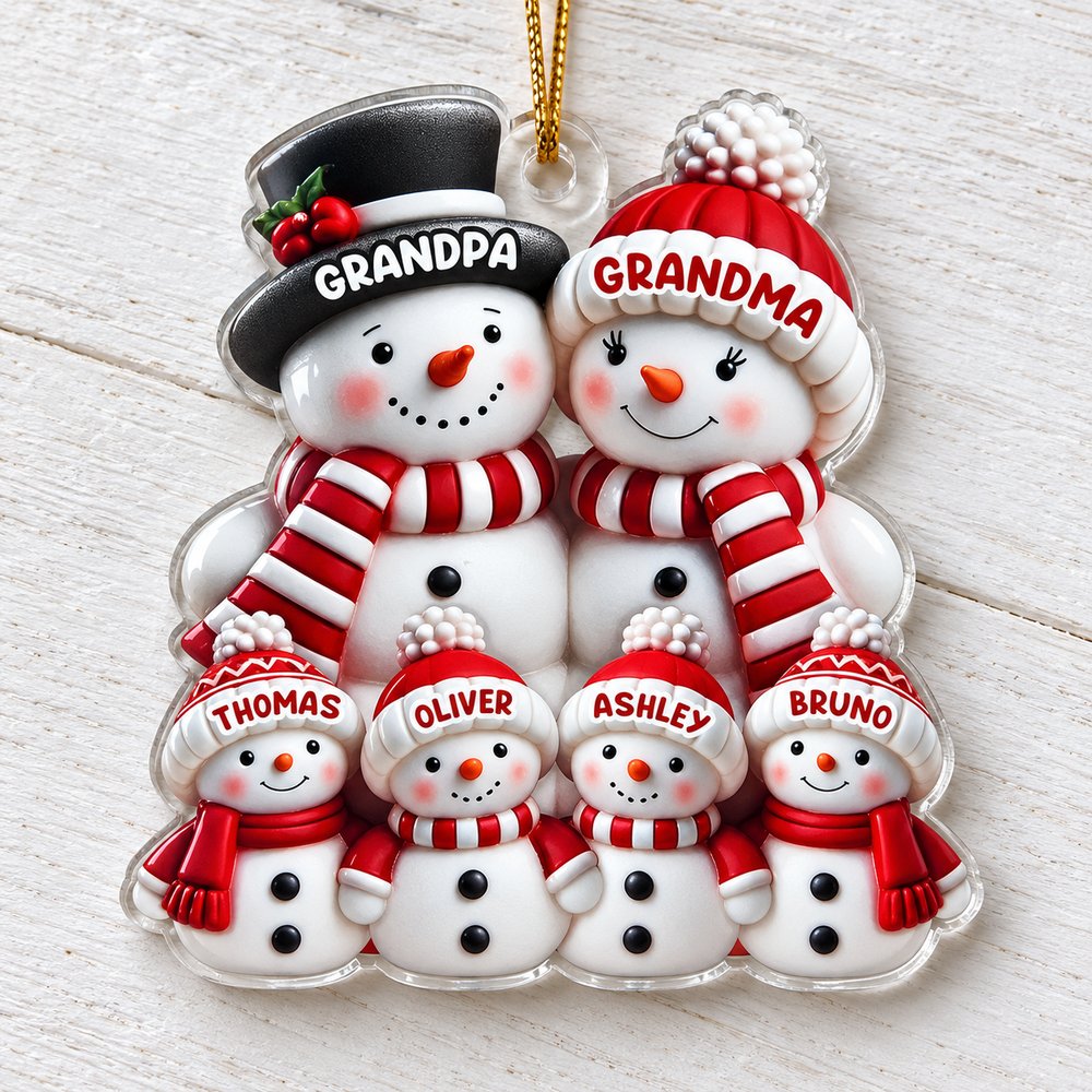 Close-up detail of custom shaped acrylic snowman family Christmas ornament print and edge