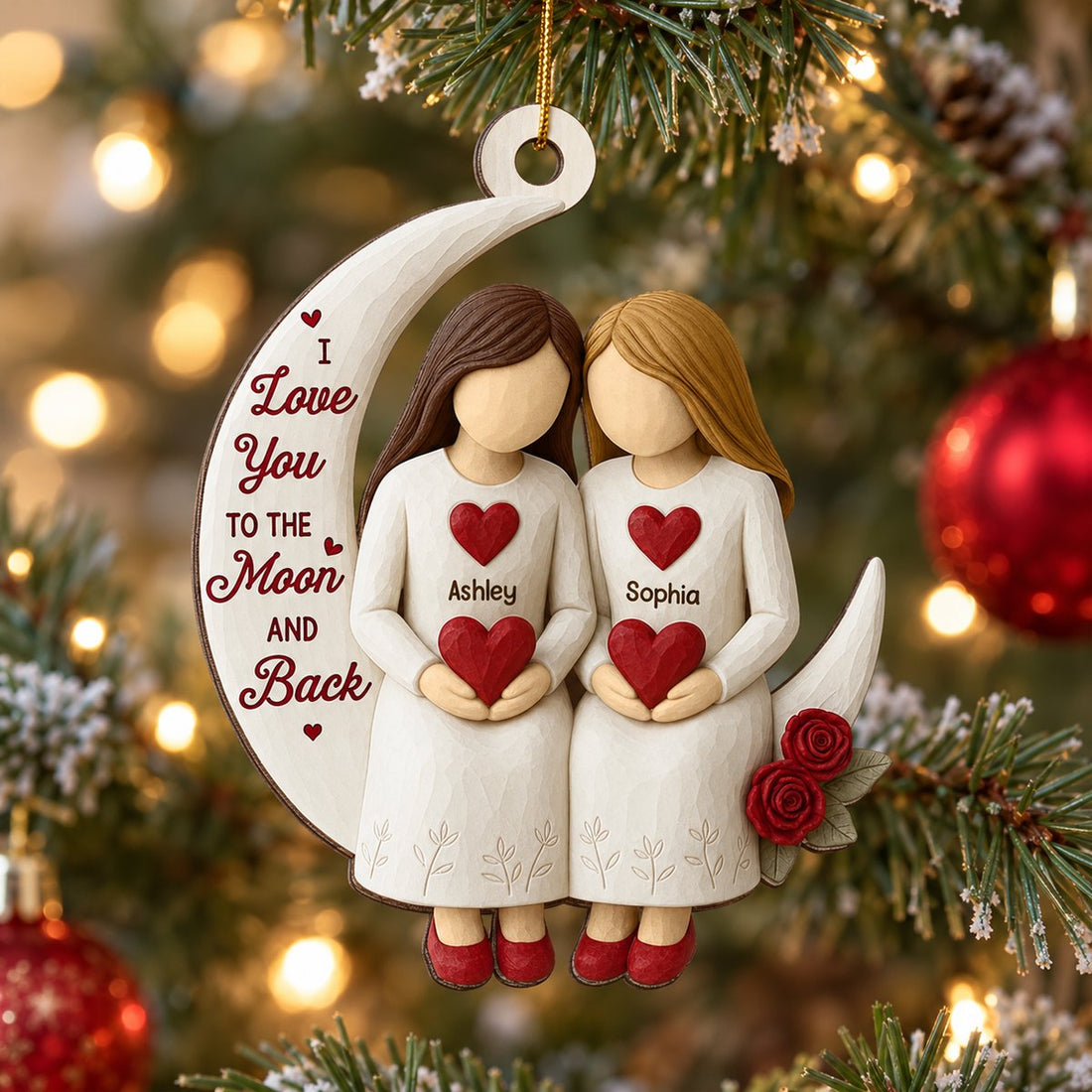 Close up detail of personalized wood ornament showing laser cut edge and printed texture