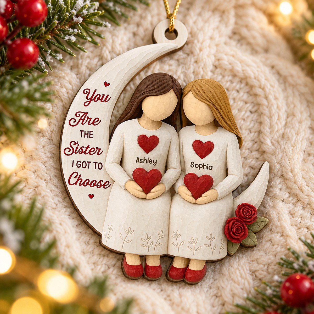 Personalized besties on moon wood ornament lying flat on a cozy cream knit blanket with Christmas greenery.