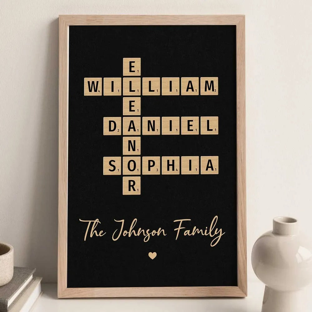 Personalized Family Crossword Art canvas print, framed in a bright living room