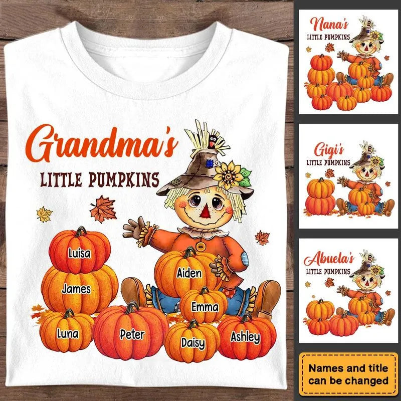 Scarecrow Autumn Grandma's Little Pumpkins - Personalized Custom T Shirt - Fall Season Gift for Grandma/Nana/Mimi, Mom, Wife, Grandparent 1