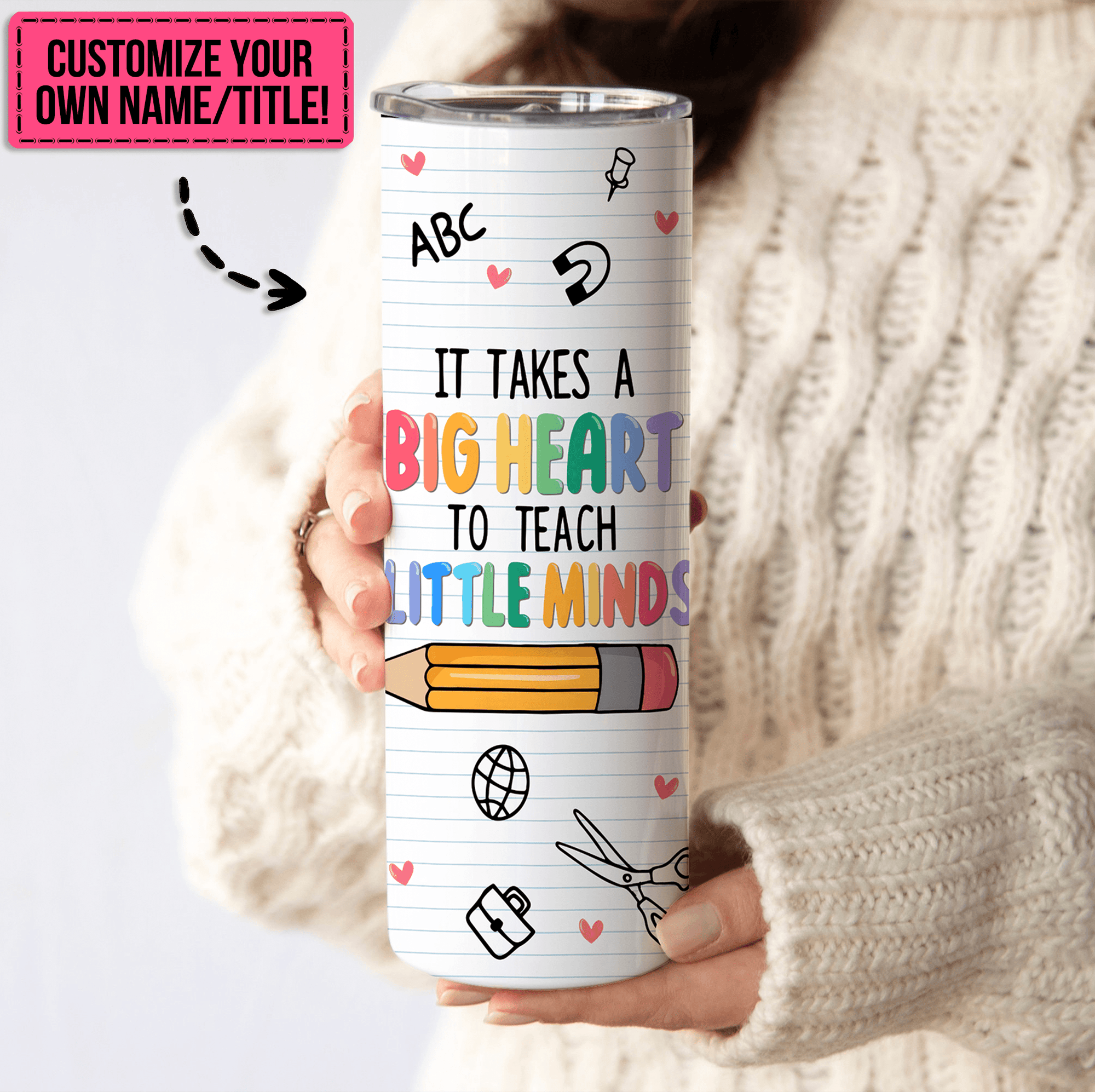 It Takes A Big Heart to Teach Little Minds - Personalized Custom 20oz Skinny Tumbler Cup - Personalized Custom Youth T Shirt - Back To School/ First Day Of School, Loving, Funny Gift for Teacher, Kindergarten, Preschool, Pre K, Paraprofessional - Suzitee Store
