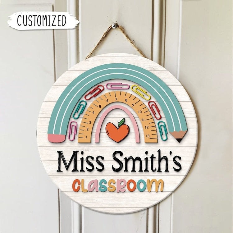 Personalized Rainbow Teacher Door Sign round wood sign, alternate view 4
