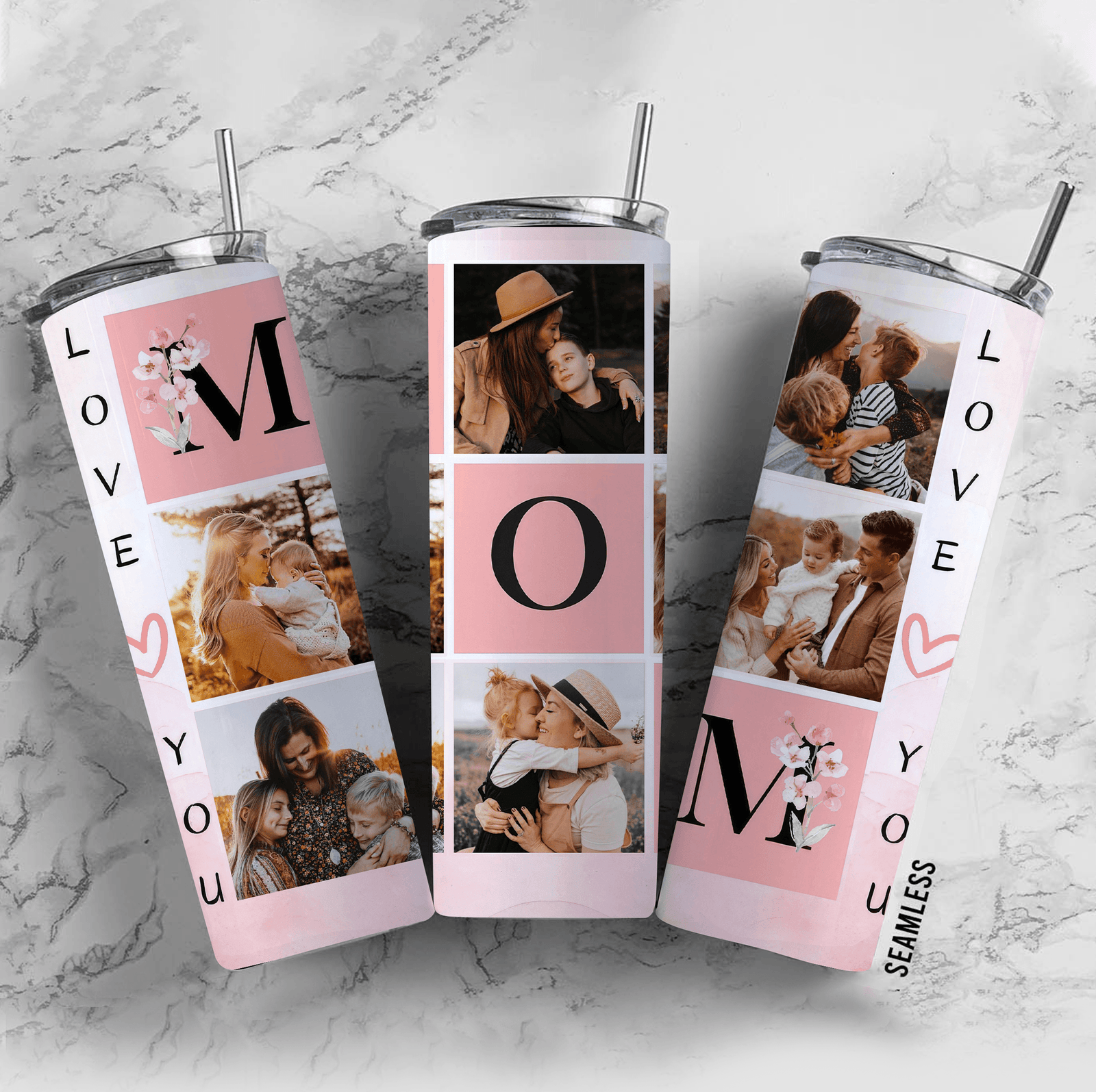 Custom Photo Mothers' Day Sakura Blossom Tumbler - Personalized Custom 20oz Skinny Tumbler Cup - Personalized Gift For New Moms, Mom, Mother, Grandma, Grandmother, Mother's Day, Family - Suzitee Store