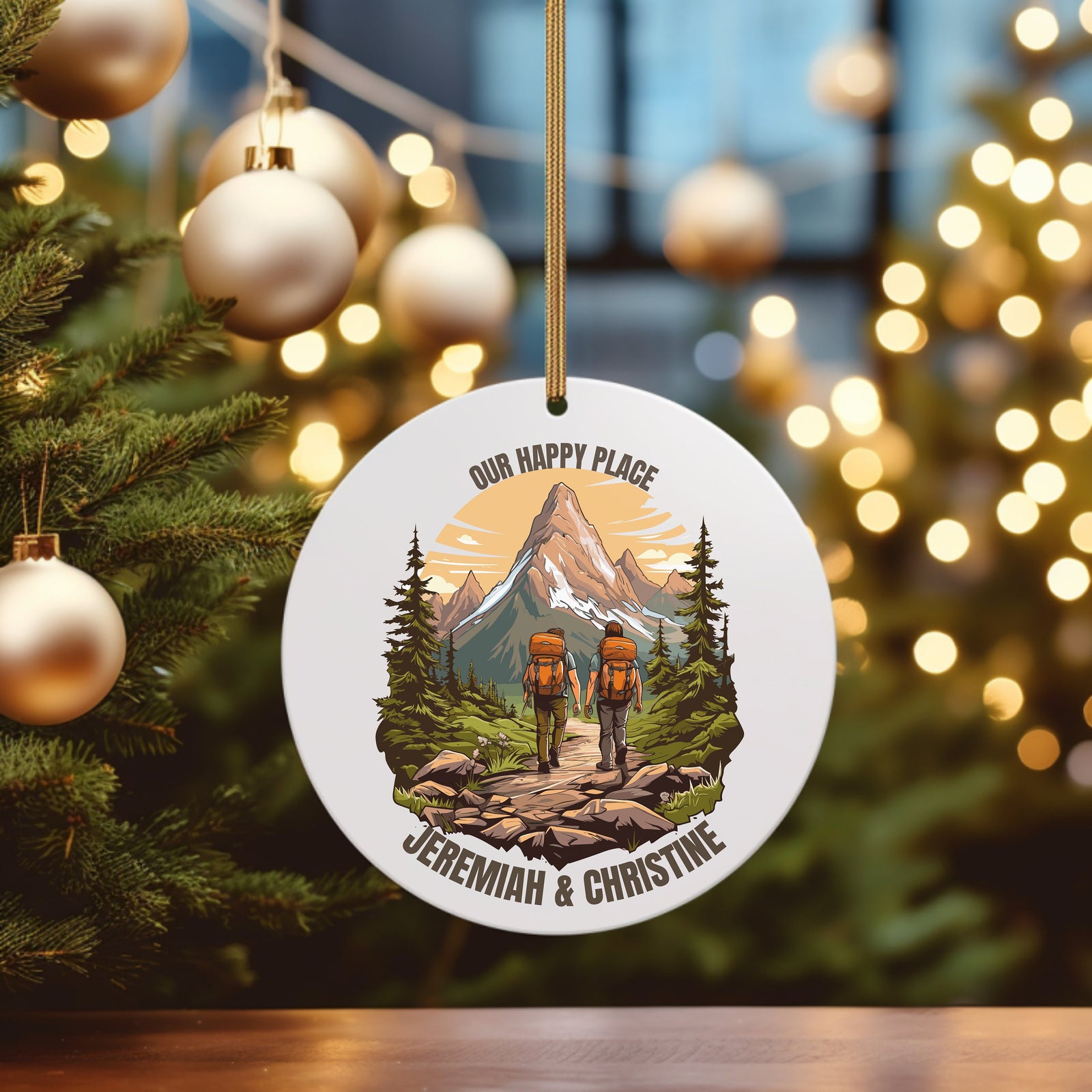 Our Happy Place Hiking - Personalized Circle Ceramic Ornament - Christmas Gift For Hiker, Hiking Lovers