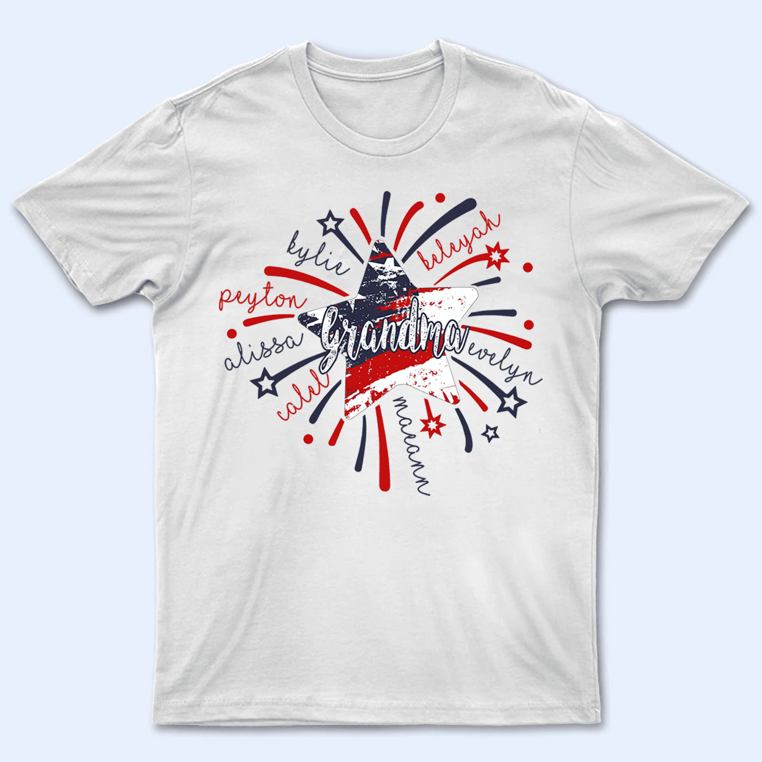 Suzitee 4th of July Firework America Flag Personalized Custom T Shirt Birthday Loving Funny Gift for Grandma Nana Mimi Mom Wife Grandparent