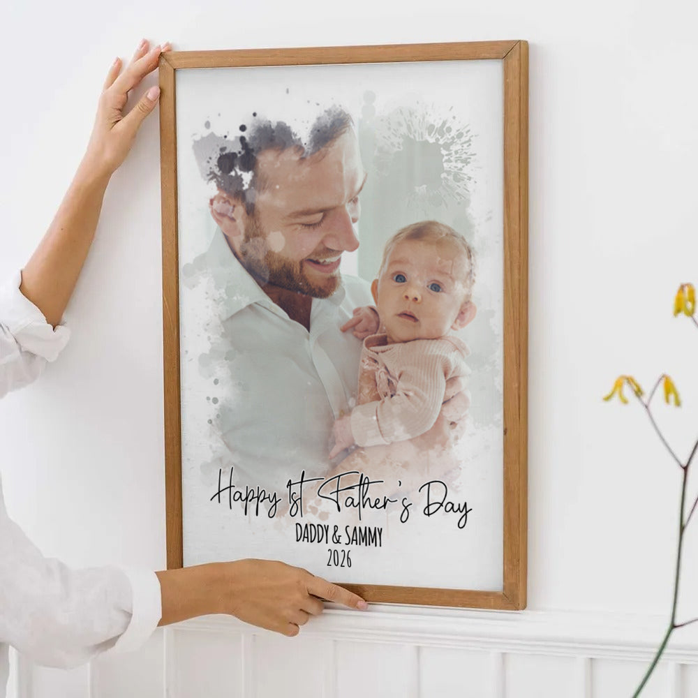 Custom Photo Watercolor First Father's Day poster, framed in a bright living room